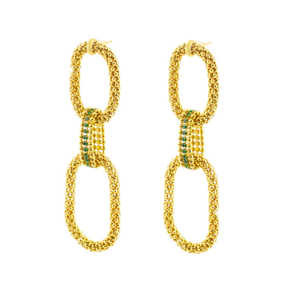 Σκουλαρίκια Fight ασημένια επίχρυσα με αλυσίδα και πράσινα ζιργκόν