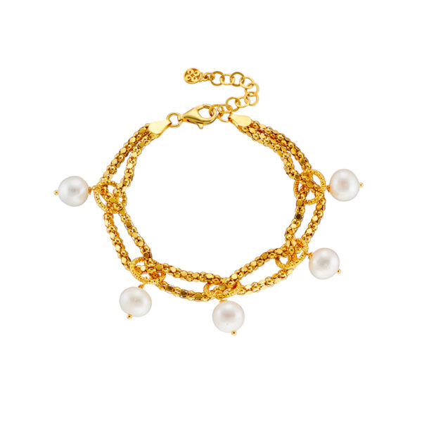 Βραχιόλι Success ασημένιο επίχρυσο με διπλή καδένα 0.25 cm και πέρλες