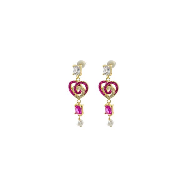 Σκουλαρίκια Dolley μεταλλικά επίχρυσα με καρδιά, φούξια glitter, πέρλα και ζιργκόν
