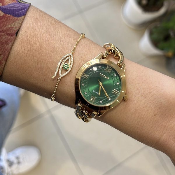 Ρολόι Girlie με επίχρυσο μεταλλικό μπρασελέ και πράσινο καντράν