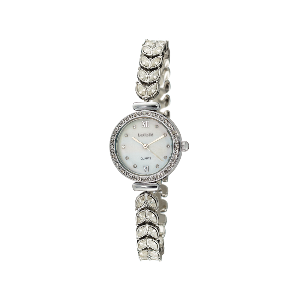 11L03-00594 Ρολόι Moonflower με ασημί μεταλλικό μπρασελέ με κρύσταλλα και λευκό mop καντράν - Image 1