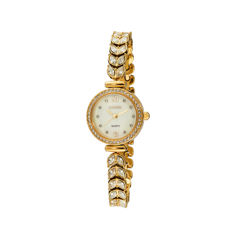 11L05-00744 Ρολόι Moonflower με επίχρυσο μεταλλικό μπρασελέ με κρύσταλλα και λευκό mop καντράν - Image 1