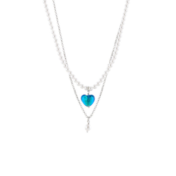 Κολιέ Femininity ατσάλινο διπλό με μπλε καρδιά και πέρλες