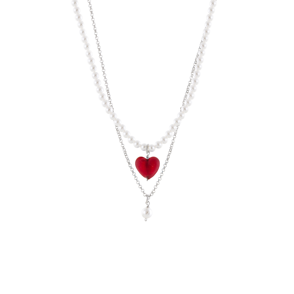 01L03-00622 Κολιέ Femininity ατσάλινο διπλό με κόκκινη καρδιά και πέρλες - Image 1