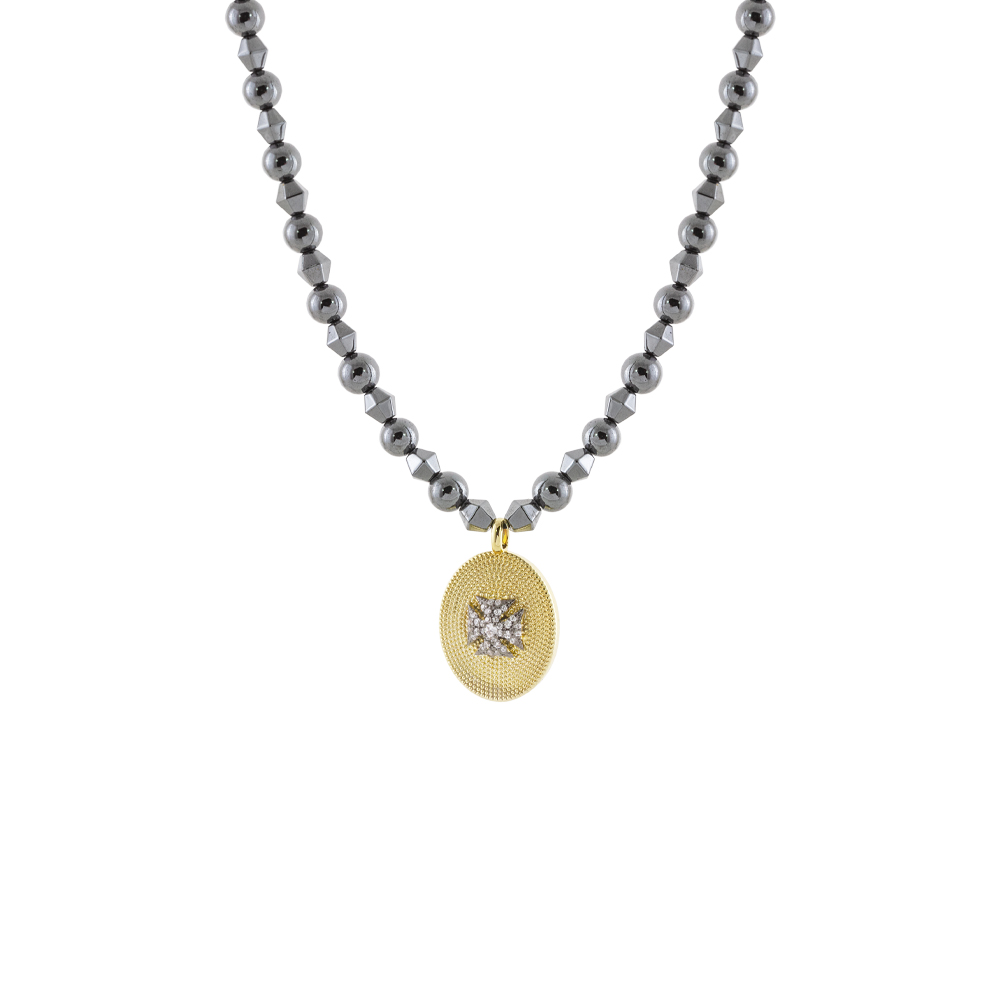 01X15-00565 (1) Κολιέ Natrix μεταλλικό επίχρυσο με πέτρες και στοιχείο με ζιργκόν - Image 1