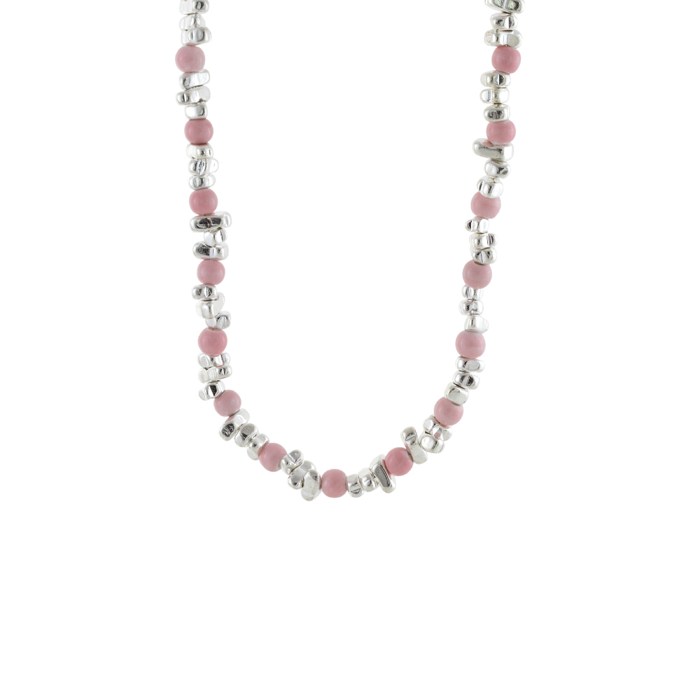 01L03-00617 Κολιέ Colorful μεταλλικό ασημί με ροζ πέτρες - Image 1