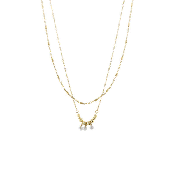 Κολιέ Charming ατσάλινο επίχρυσο διπλό με λευκές χάντρες και σφαίρες