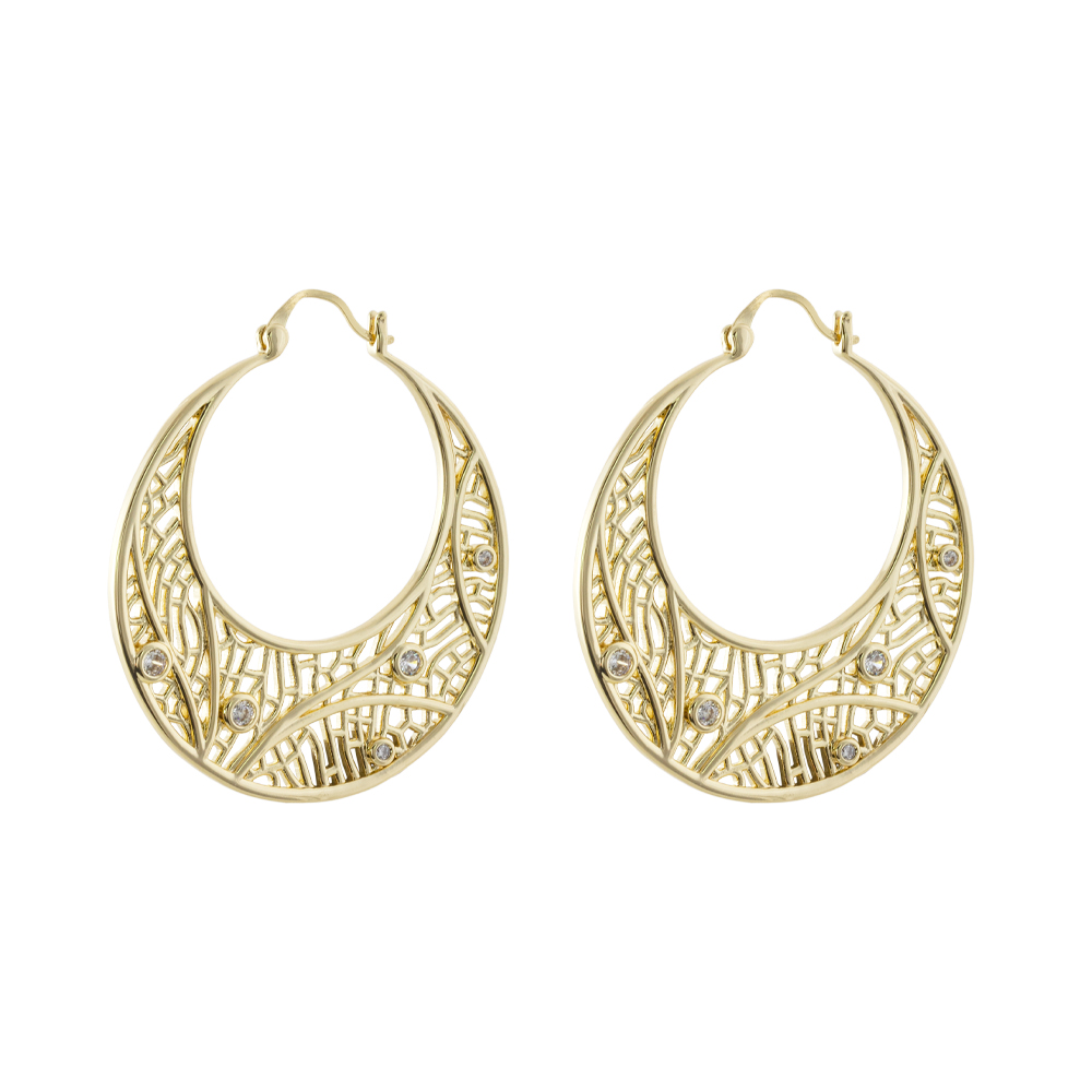 03L15-01906 Σκουλαρίκια Lace μεταλλικά επίχρυσα με διάτρητα με λευκά ζιργκόν - Image 1