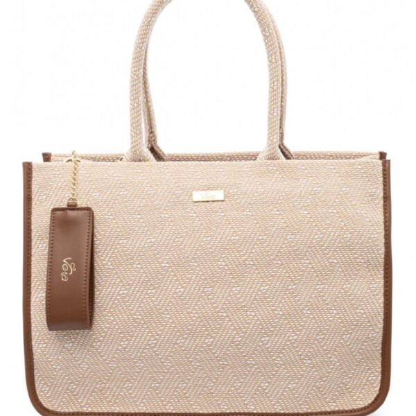 VETA ΤΣΑΝΤΑ Τσάντα χειρός καμηλό ψάθα σε συνδυασμό με λευκό  και ταμπά λεπτομέρεια.