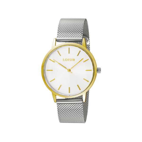 Ρολόι Fountain με ατσάλινο mesh band, επίχρυση κάσα και ασημί καντράν